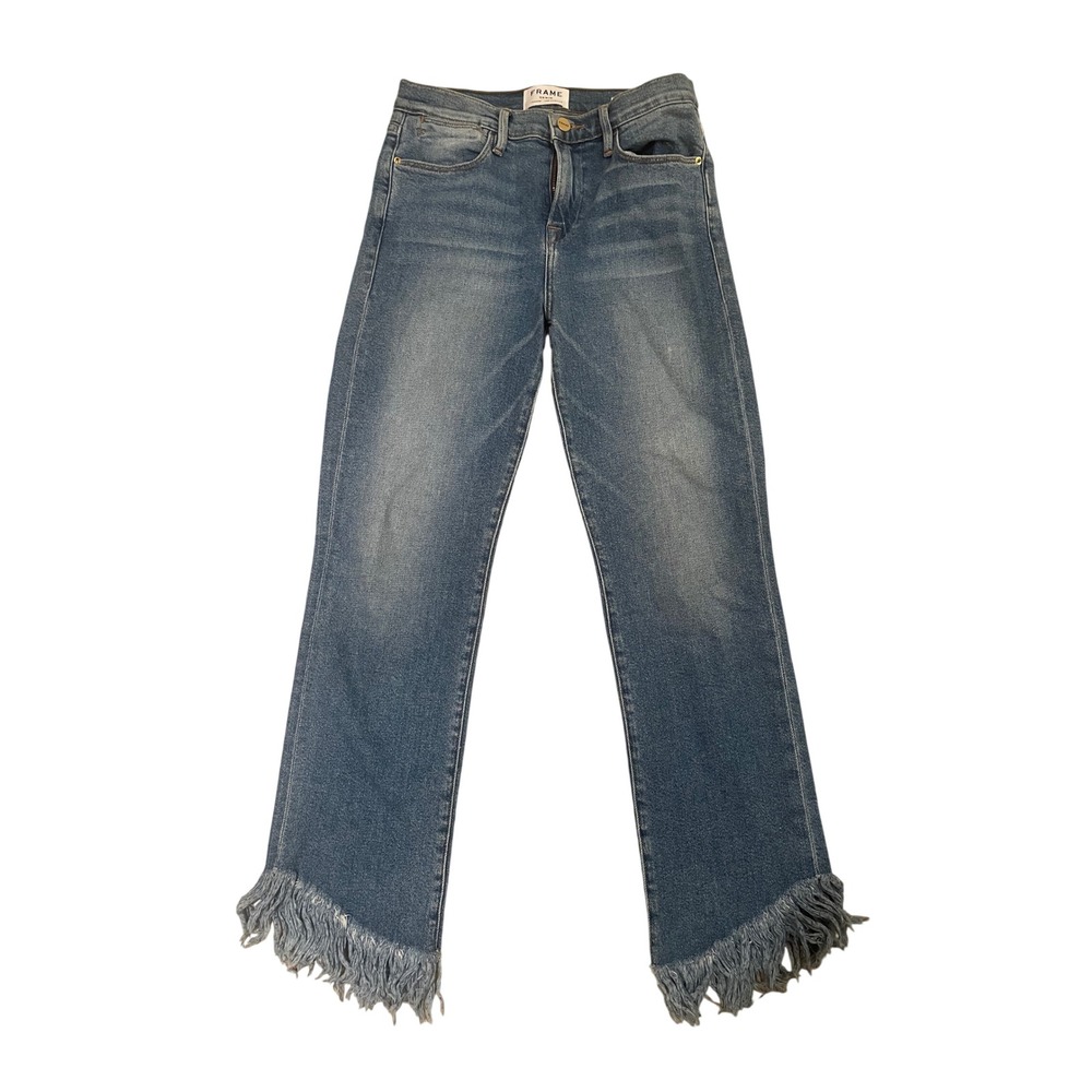 FRAME Le High Straight Fringe Hem Jeans Blue Denim High Rise Size 26 Womens